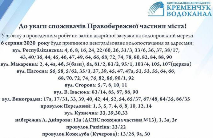 6 августа правобережная часть Кременчуга останется без водоснабжения