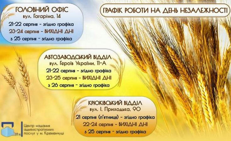 График работы Кременчугского ЦПАУ на праздники