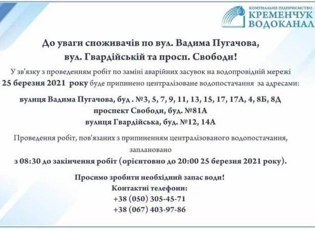 Кто из кременчужан останется сегодня без воды