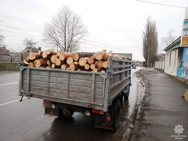 В Кременчуге патрульные задержали грузовик, полный незаконно вырубленных деревьев