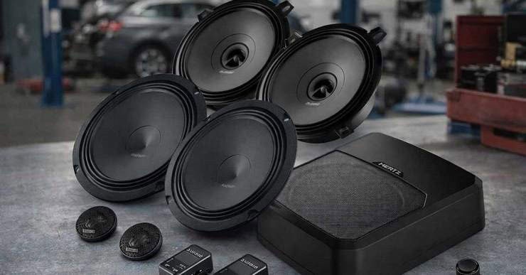 Комплект динаміків Audison і активний сабвуфер Hertz для Mercedes W210/S210 на верстаку в автомайстерні